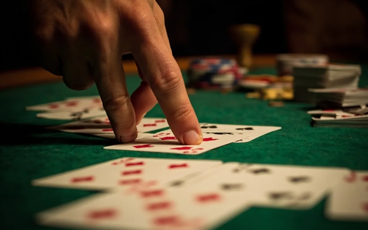 Three deals spread out on a wooden table
